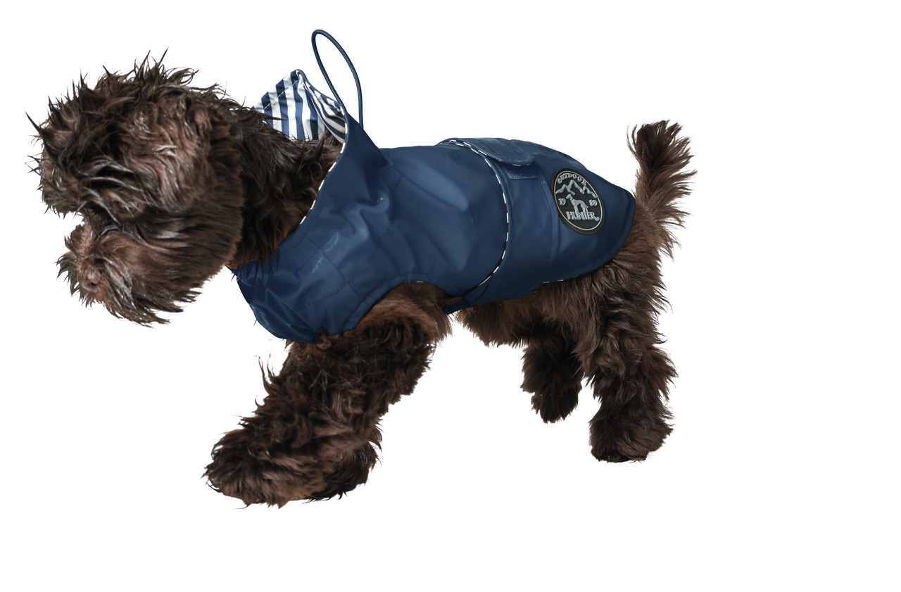 HUNTER Hundemantel, dunkelblau, gestreiftes Kapuzenfutter, Logo, für stilbewusste Hundebesitzer, funktional & modisch.