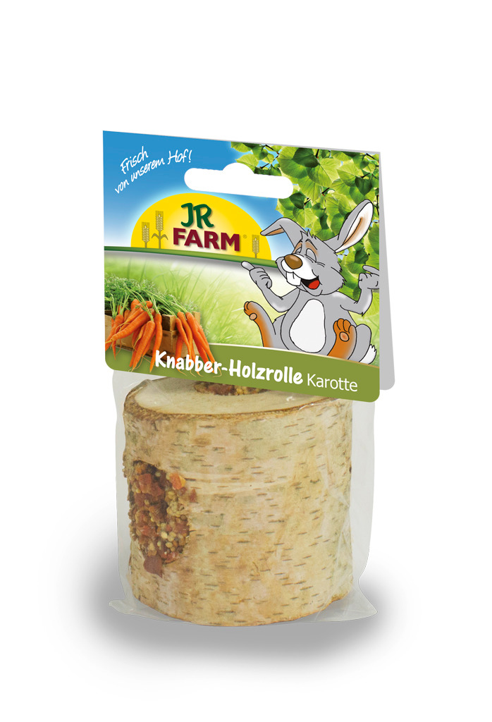 JR FARM Knabber-Holzrolle Karotte, für Kaninchen/Nager, mit Karotten+Getreide, fördert Zahnabrieb, Naturprodukt, ca. 1 Rolle.