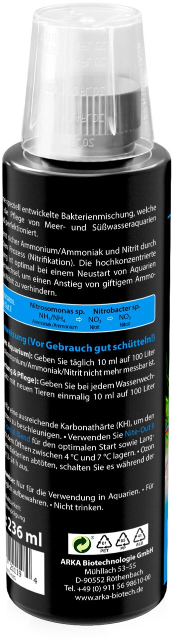 ARKA Bakterienstarter für Meer- und Süßwasseraquarien, für Zierfische, reduziert Ammoniak-Nitrit, 236 ml