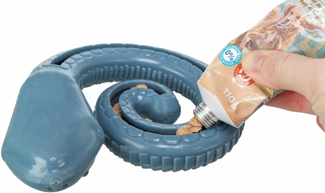 TRIXIE Snack-Schlange für Hunde, befüllbar mit Leckpaste. Für Spielspaß und Zahnpflege. Geschmacksrichtung Leber, 170 g.