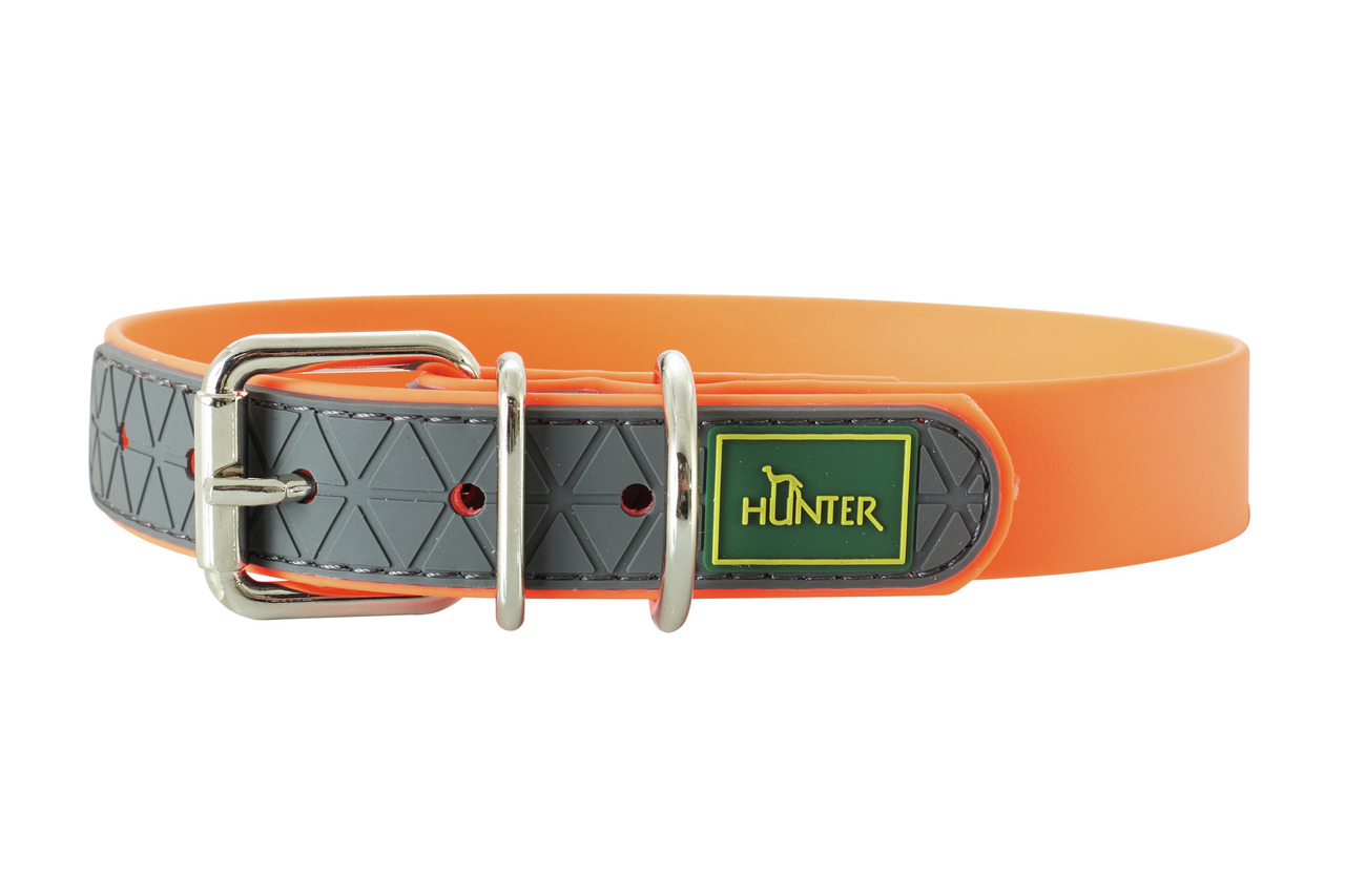 HUNTER Hundehalsband "Convenience", für Hunde, robust, wasserabweisend, Orange-Grau, modernes Muster, ideal für Outdoor, mit Metallschnalle.