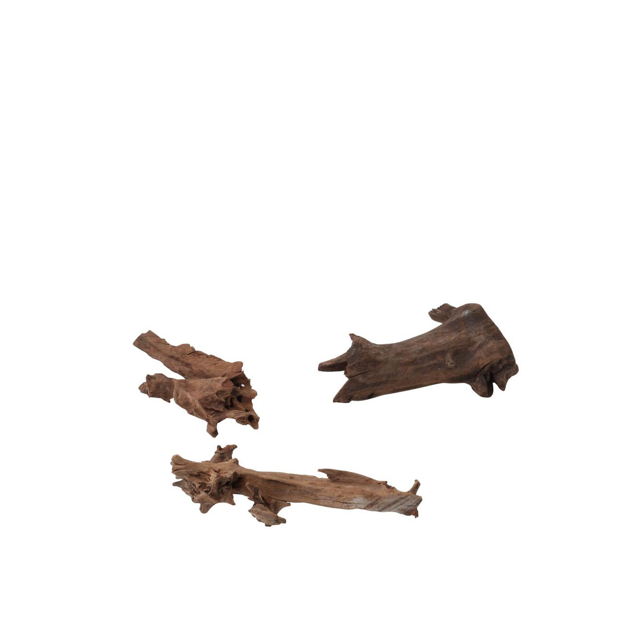 Auf dem Bild sind drei naturbelassene Holzstücke der Marke AQUA DELLA zu sehen, die als Dekoration für Aquarien geeignet sind. Die Zielgruppe sind Aquarienbesitzer, die eine natürliche Gestaltung bevorzugen. Die Holzstücke variieren in Form und Größe und 