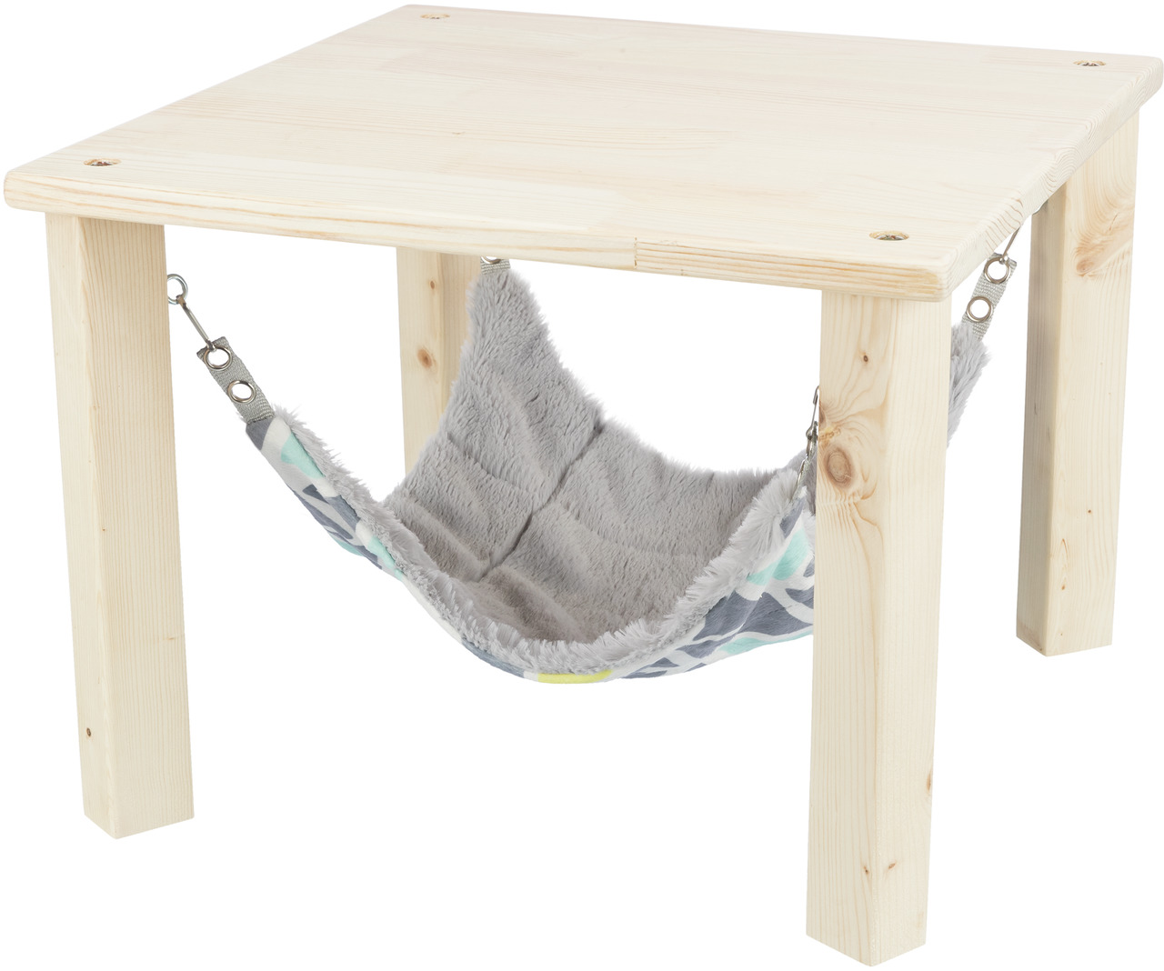 Das Bild zeigt das TRIXIE Kleintier-Hängemattengestell, geeignet für kleine Haustiere wie Meerschweinchen oder Frettchen. Es besteht aus einem stabilen Holzrahmen mit einer weichen, grauen Hängematte aus Plüsch. Die Hängematte ist abnehmbar und bietet ein