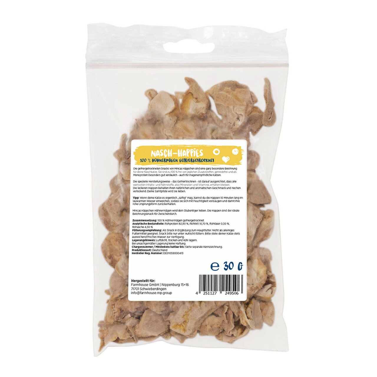 Das Bild zeigt eine transparente Verpackung mit getrockneten Hühnerherzen der Marke "Nasch-Happies". Das Produkt ist speziell für Hunde geeignet und enthält 100 % Hühnerherzen als einzige Zutat. Die Packung hat ein Gewicht von 30 g und ist ideal als Snack