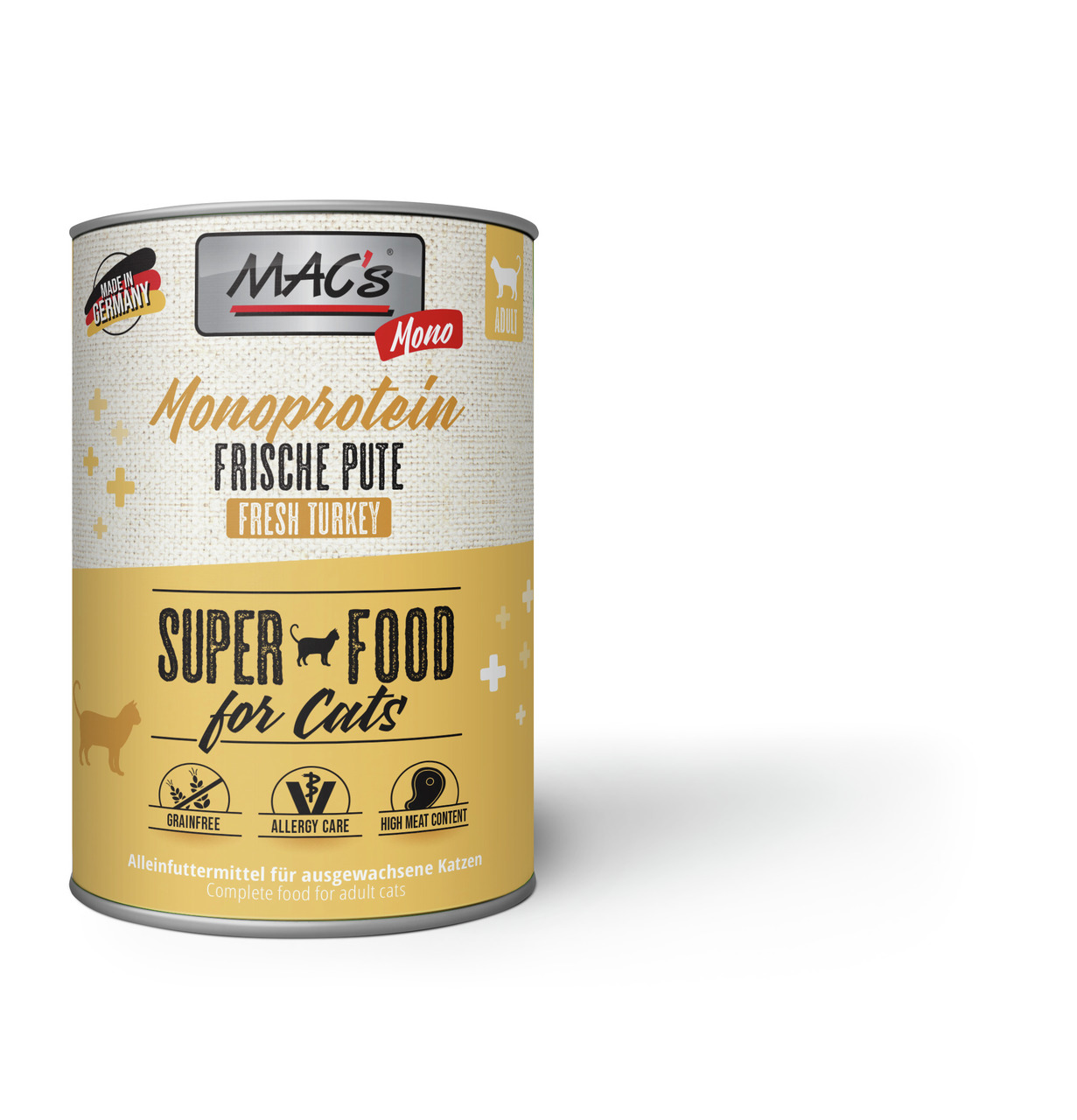 MAC's Mono Frische Pute, Truthahn, für ausgewachsene Katzen, getreidefrei, hoher Fleischanteil, für Allergiker, 400 g.
