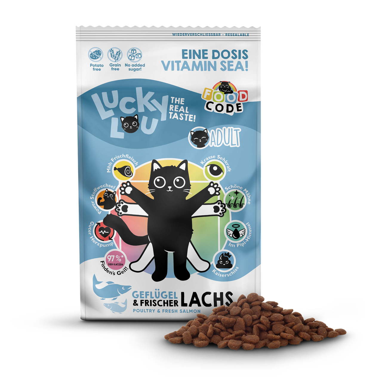 Lucky Lou Geflügel & frischer Lachs, Adult Katzen, „The Real Taste!“, „Eine Dosis Vitamin Sea!“, getreidefrei, 400g.