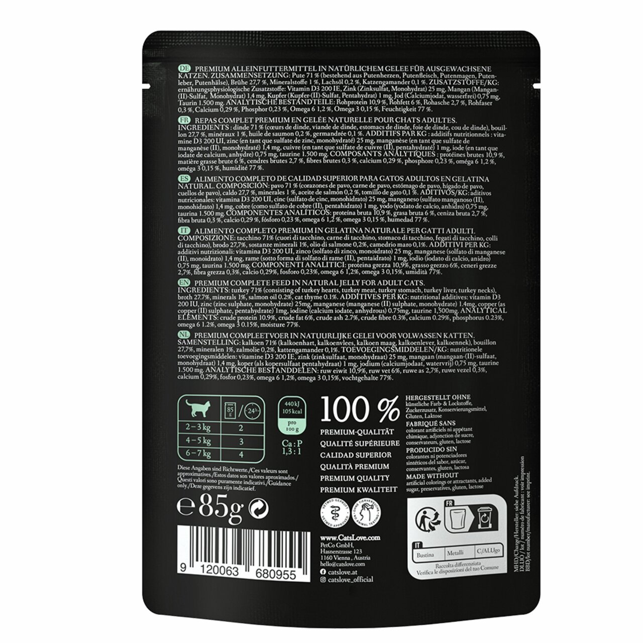 Cat's Love Premium Katzenfutter in Gelee, Geschmacksrichtung Truthahn, für ausgewachsene Katzen, ohne Zusätze, 85 g.