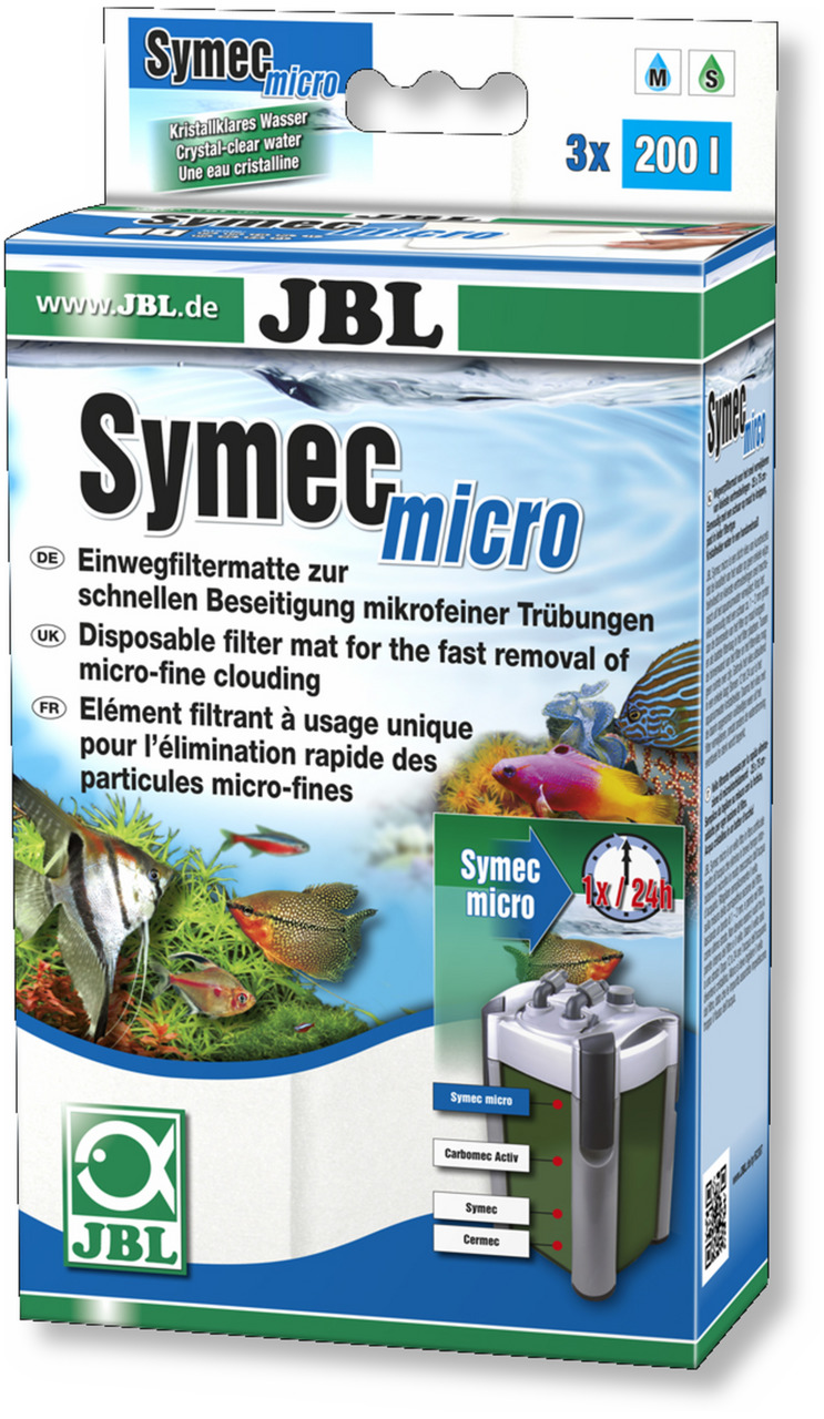 Das Bild zeigt die Verpackung des Produkts "JBL SymecMicro", einer Einwegfiltermatte für Aquarien. Es handelt sich um ein Produkt für Aquaristik-Enthusiasten, das mikrofeine Trübungen im Wasser schnell beseitigt. Die Verpackung weist darauf hin, dass das 