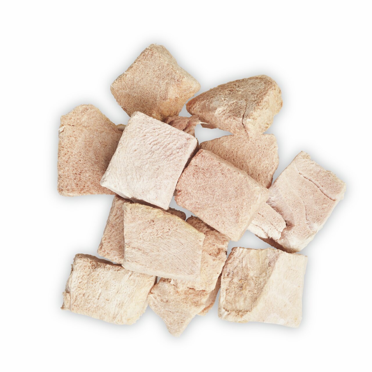 Das Bild zeigt gefriergetrocknete Hundesnacks der Marke MINCAS HÄPPCHEN, erkennbar an ihrer natürlichen, hellbraunen Farbe und würfelförmigen Struktur. Die Snacks sind speziell für Hunde geeignet und bestehen aus 100 % Rindfleisch, ohne Zusatzstoffe. Idea