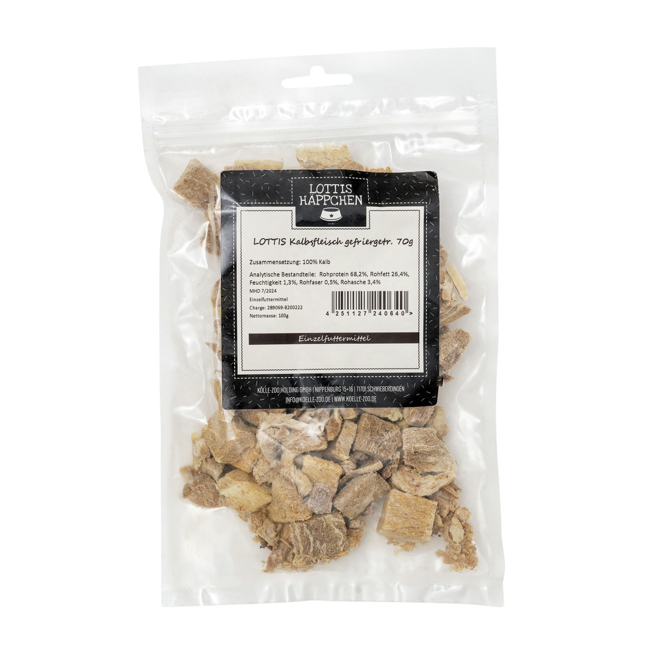 LOTTIS HÄPPCHEN, getr. Kalbfleisch, 70 g, Einzelfuttermittel f. Hunde, 100 % Kalbfleisch.