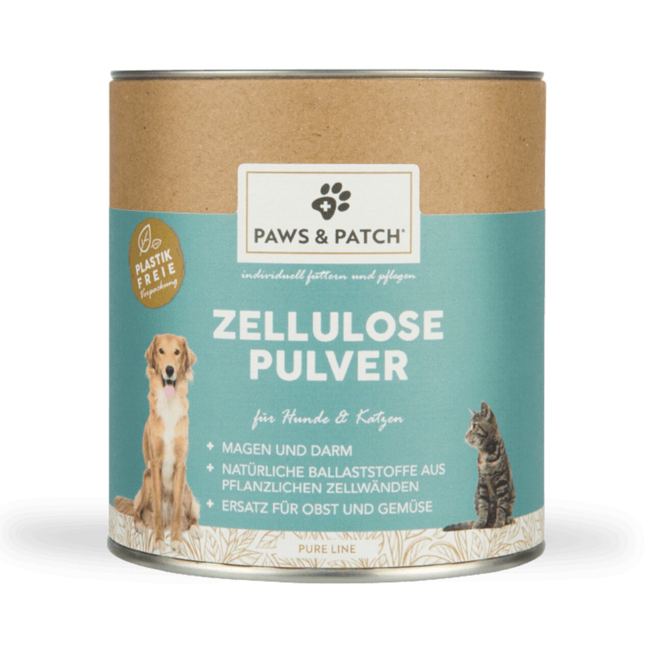 Paws & Patch Zellulose Pulver für Hunde und Katzen, unterstützt Magen und Darm, plastikfreie Verpackung, 250 g.