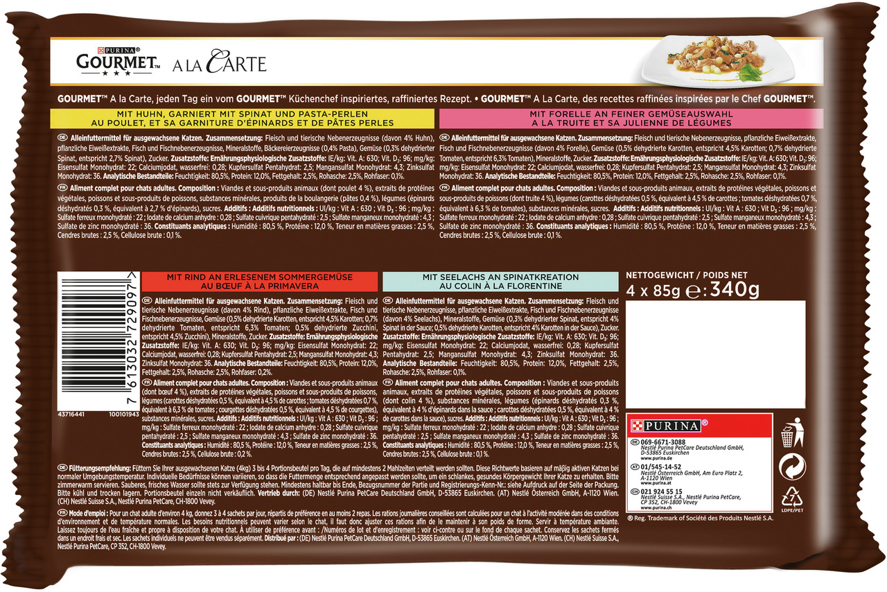 GOURMET A la Carte Huhn, Rind, Forelle und Lachs Multipack 4 x 85 g