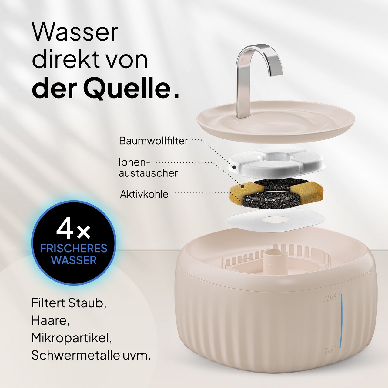 PRETTY PAW Trinkbrunnen, Katzen & kl. Hunde, beige, Filtersystem: Baumwoll, Ionenaustauscher, Aktivkohle, 4x frischeres Wasser.