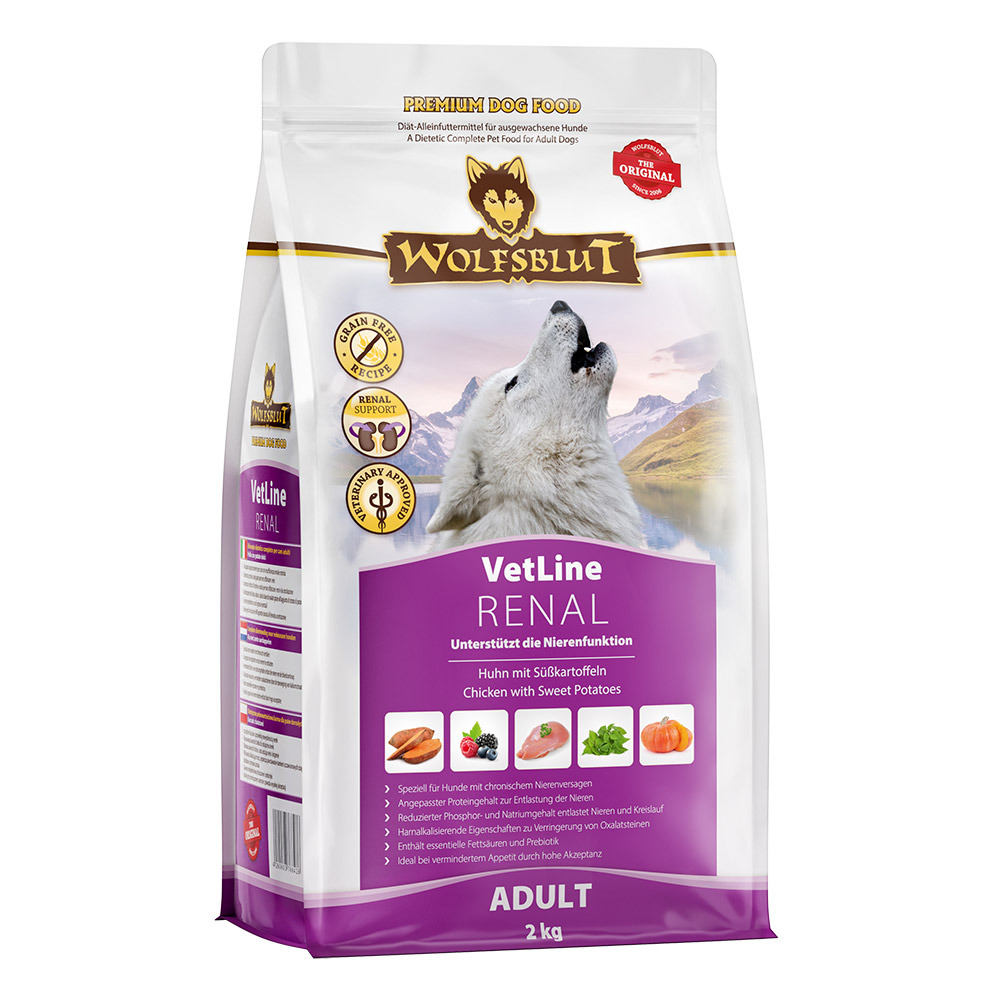 WOLFSBLUT VetLine Renal, 2 kg, für erw. Hunde mit Nierenproblemen, Huhn & Süßkartoffeln, getreidefrei, unterstützt Nierenfunktion.