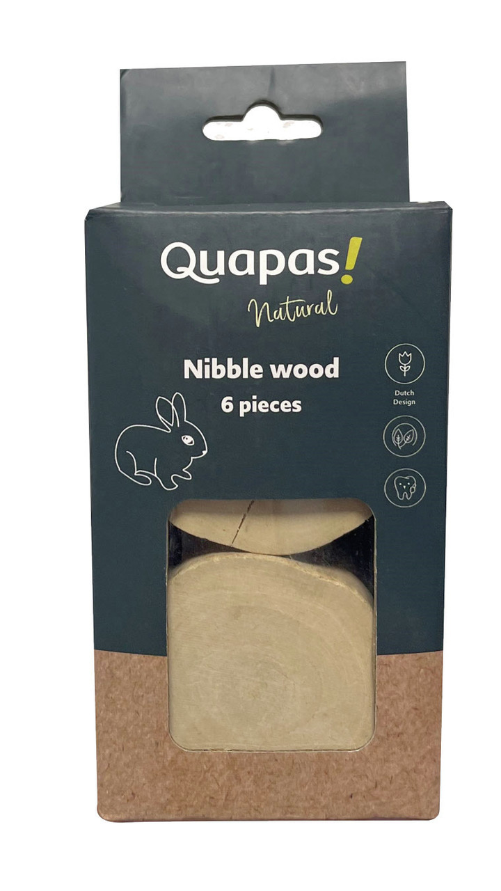 Quapas! Natural Nibble Wood, 6 Stk., Nageholz f. Kleintiere (z. B. Kaninchen), natürlich, Verpackung dunkelgrün m. Sichtfenster.