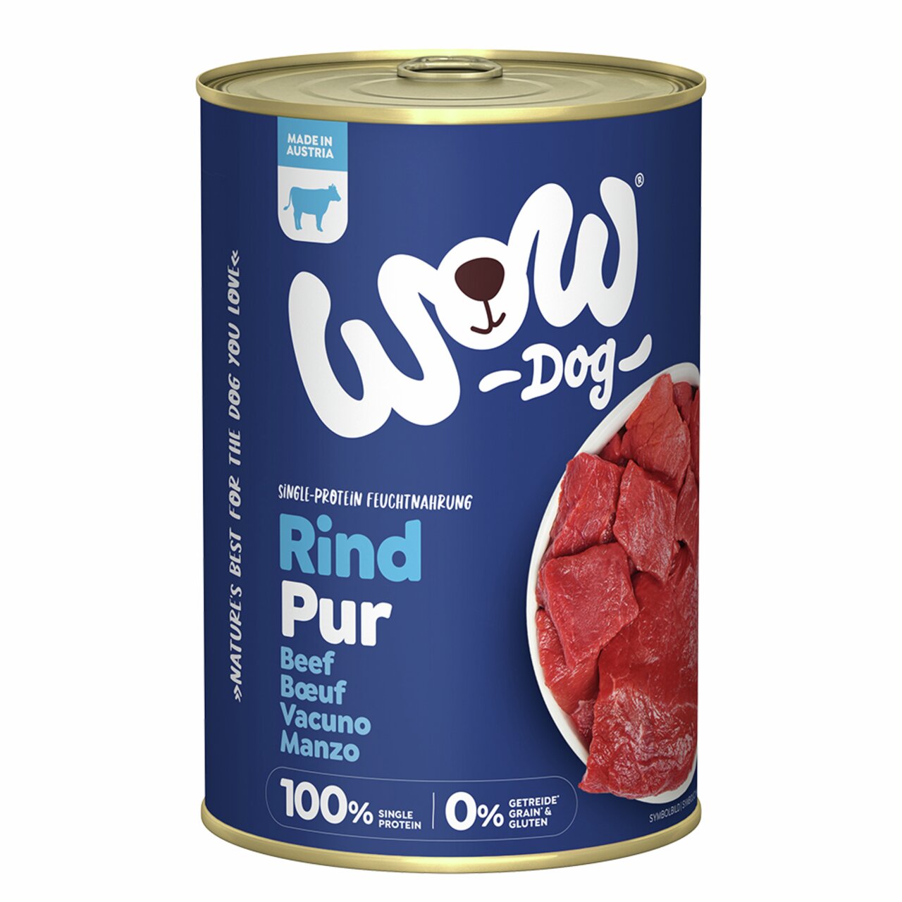 WOW DOG Rind Pur, Nassfutter für Hunde, Geschmacksrichtung Rind, getreidefrei, Single-Protein, 400 g, hergestellt in Österreich.