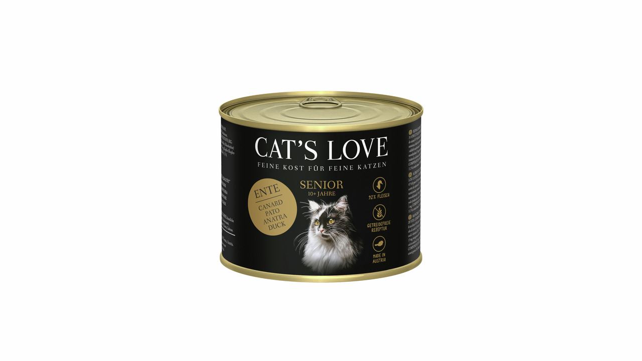Das Bild zeigt eine schwarze Dose Katzenfutter der Marke "Cat's Love" mit goldfarbenem Deckel. Es ha