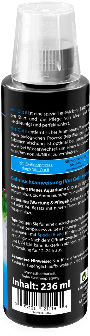 ARKA Nite-Out II Bakterienstarter für Meer- und Süßwasseraquarien, für Zierfische, 236 ml, beschleunigt Nitratabbau.
