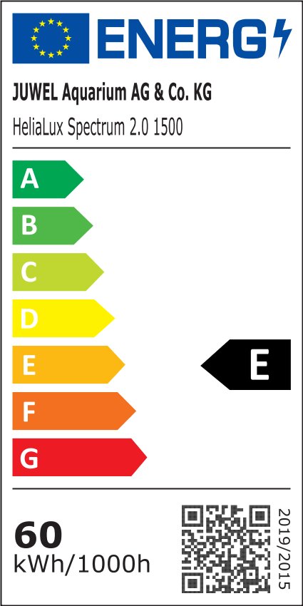 EU-Energielabel für JUWEL HeliaLux Spectrum 2.0 1500 Aquarienleuchte, Effizienzklasse E, Stromverbrauch 60 kWh-1000h.