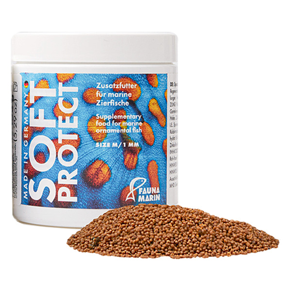 Fauna Marin Soft Protect, Zusatzfutter für marine Zierfische, Geschm.: -, Größe: M/1 mm, braunes Granulat, Dose mit blauer Verpackung.