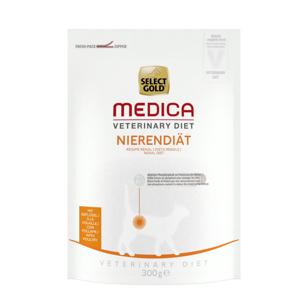 Select Gold Medica Vet. Diet Nierendiät für Katzen, Geflügel, unterstützt Nierenfunktion, 300 g, Frischeverschluss.