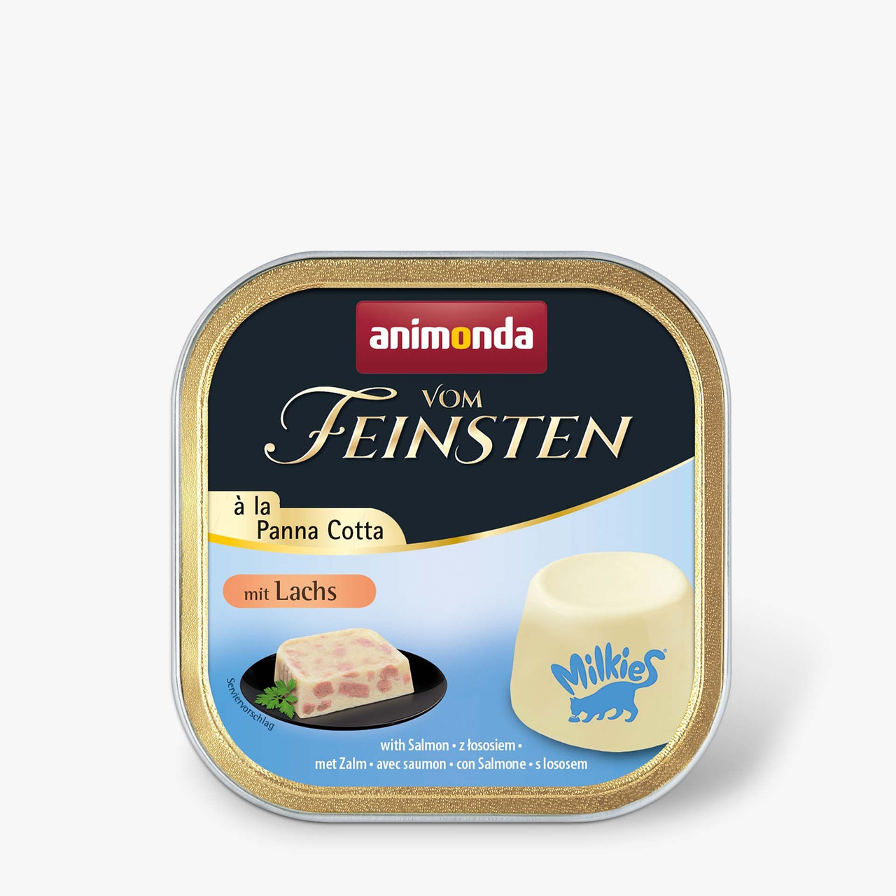Das Bild zeigt eine quadratische Dose des Katzenfutters „animonda Vom Feinsten à la Panna Cotta mit Lachs“. Die Verpackung ist in dunklem Blau und Gold gestaltet. Links ist eine Portion des Futters mit Lachsstückchen abgebildet, rechts eine Panna Cotta. Z