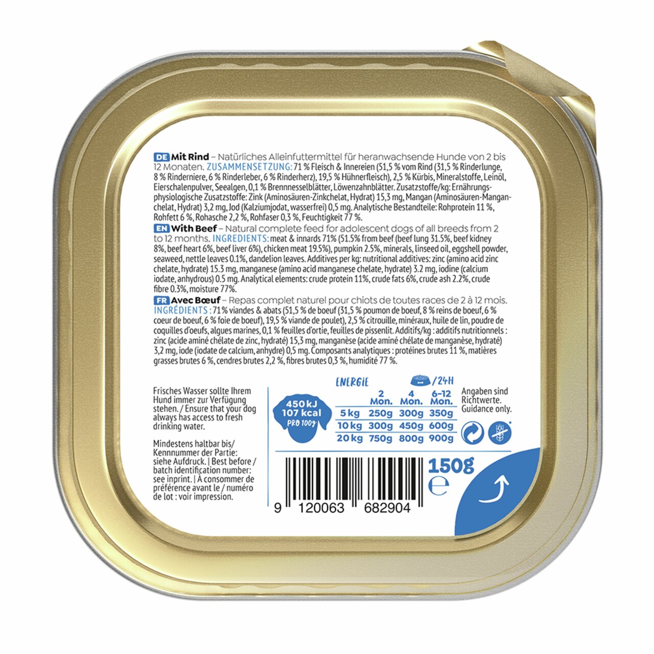 WOW DOG Hundenahrung mit Rind für junge Hunde, 150 g. Alleinfutter mit 71 % Fleisch, ideal für Hunde von 2 bis 12 Monaten.