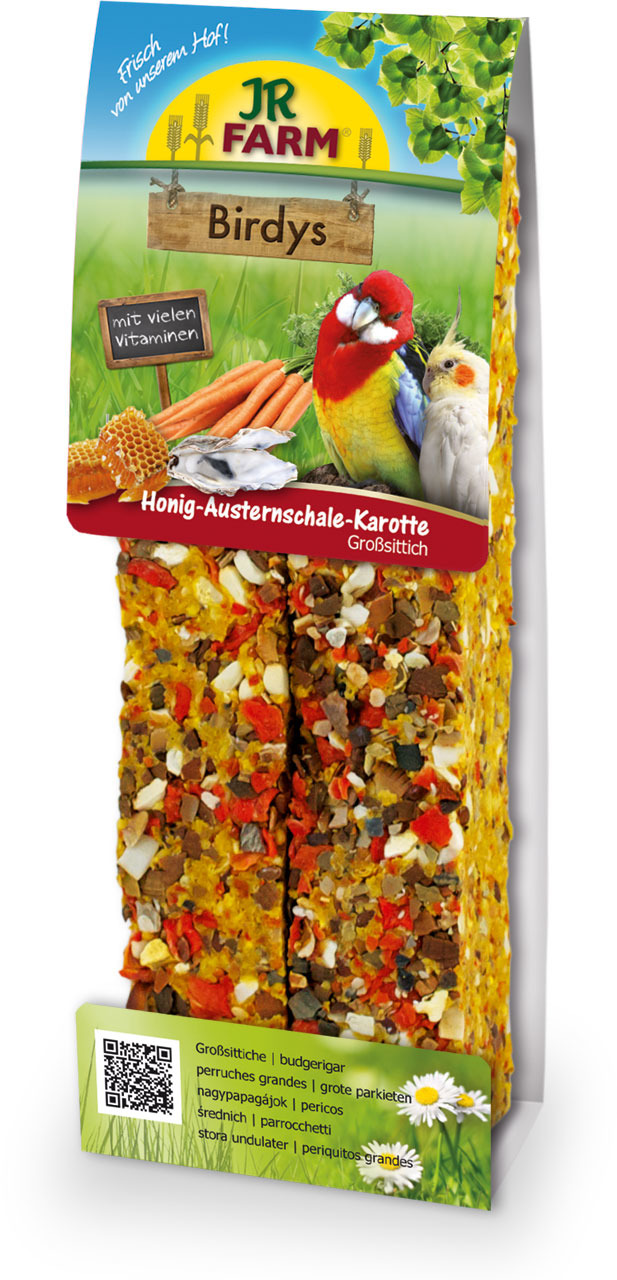 JR FARM Birdys Honig-Austernschale-Karotte, für Großsittiche, 2 Knabberstangen, natürliche Zutaten, "viele Vitamine".