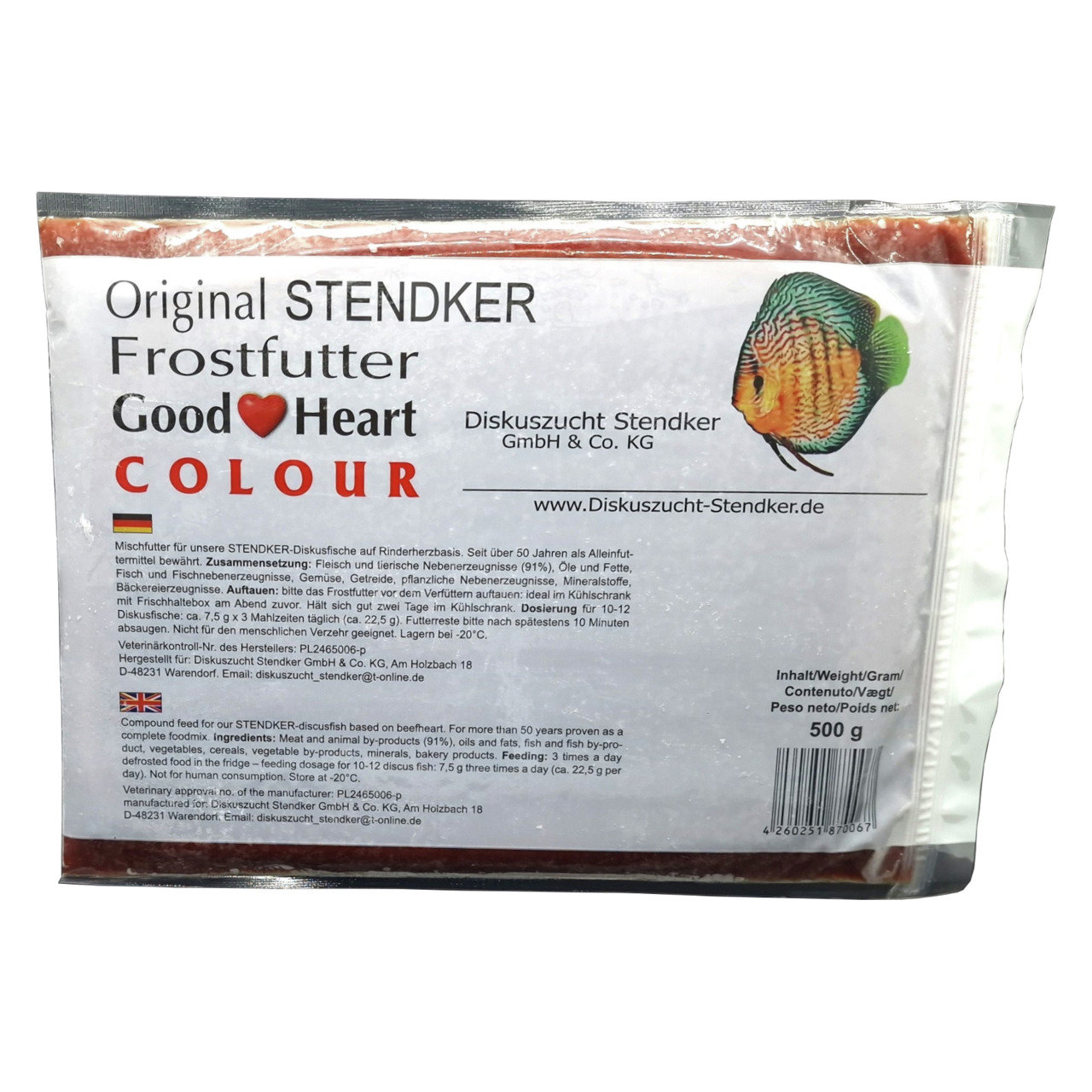 Stendker Original STENDKER Frostfutter Good Heart Colour, 500 g, für Diskusfische, hochwertige, ausgewogene Zusammensetzung.