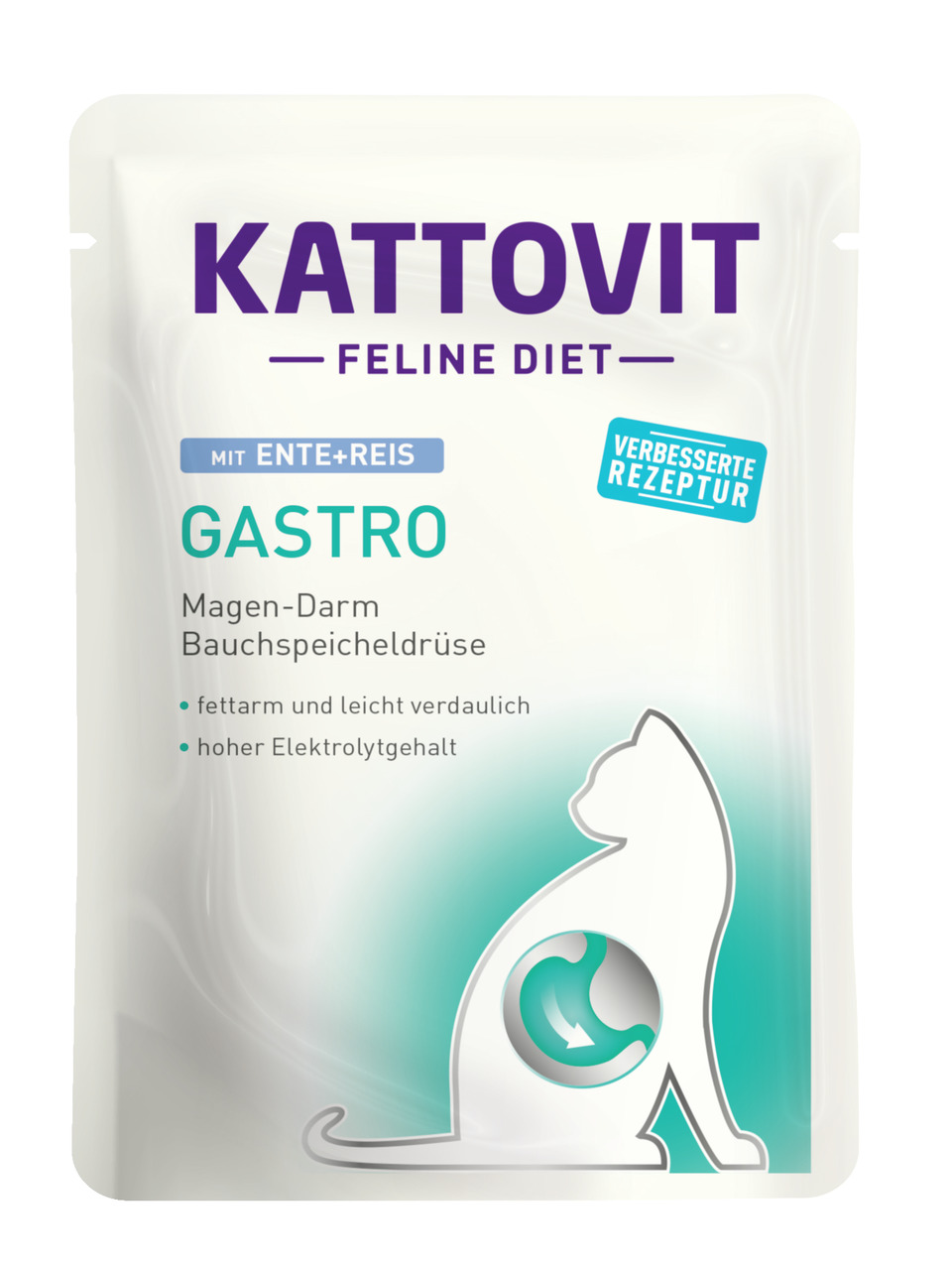 Kattovit Feline Diet Gastro, Ente & Reis, für Katzen mit Magen-Darm-Problemen, fettarm, leicht verdaulich, 85 g.