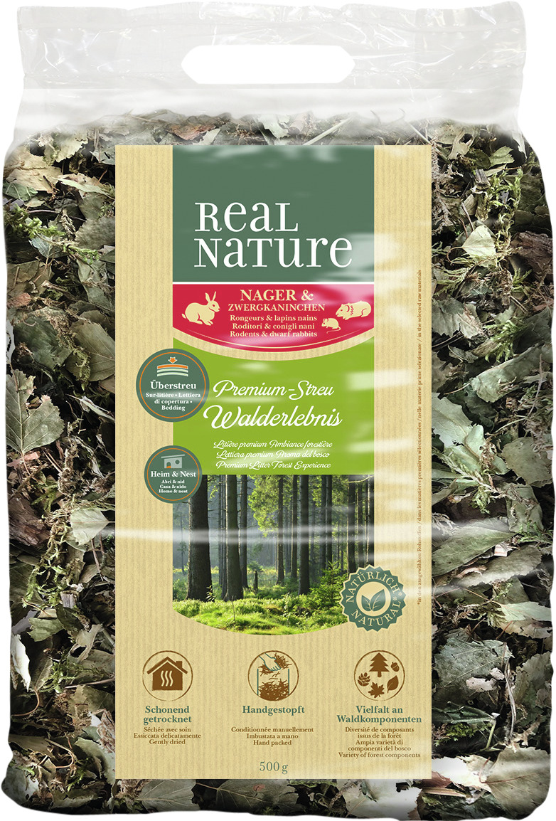 REAL NATURE Premium-Streu Walderlebnis, für Nager & Zwergkaninchen, aus Waldkomponenten, 500 g, schonend getrocknet & handgestopft.