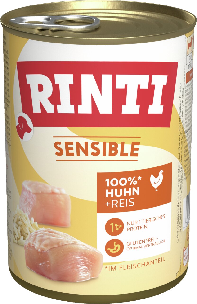 RINTI Sensible 100% Huhn & Reis, Hundefutter für sensible Hunde, glutenfrei, 400 g Dose. Optimal verträglich.