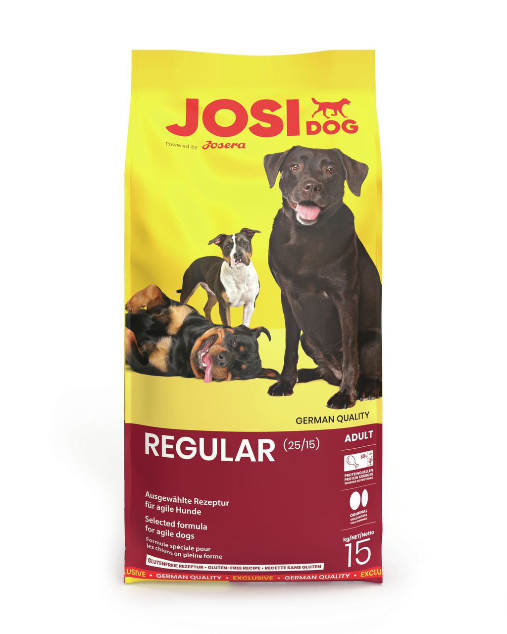 Das Bild zeigt eine gelbe Verpackung des Hundefutters „JosiDog Regular“ von der Marke Josera. Es ist für ausgewachsene Hunde geeignet und enthält eine glutenfreie Rezeptur. Die Verpackung hat ein Gewicht von 15 kg. Auf der Vorderseite sind mehrere Hunde a
