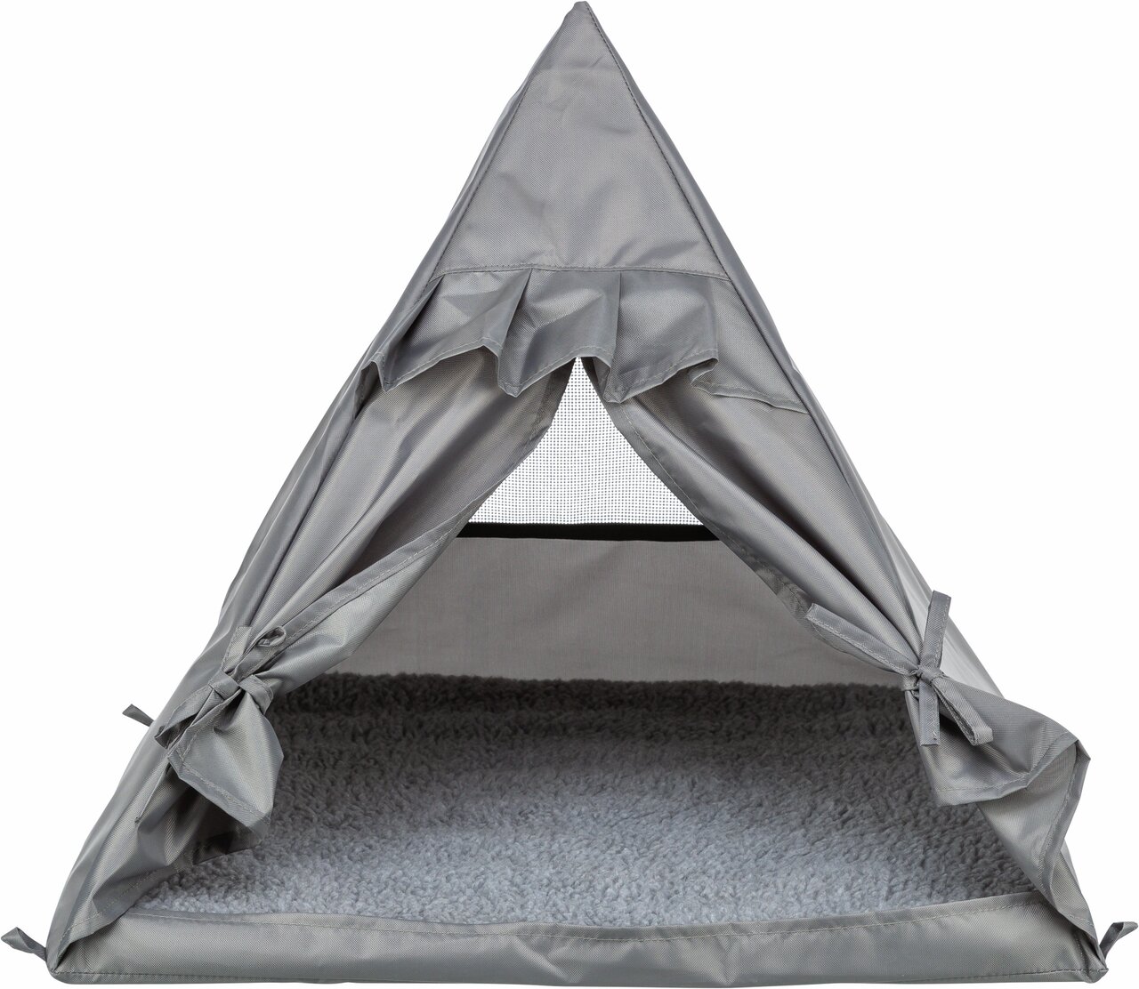 Graues TRIXIE Tipi-Zelt für Haustiere, ideal für Hunde oder Katzen. Mit kuscheligem Bezug, Bogenöffnung und rutschfester Unterseite.