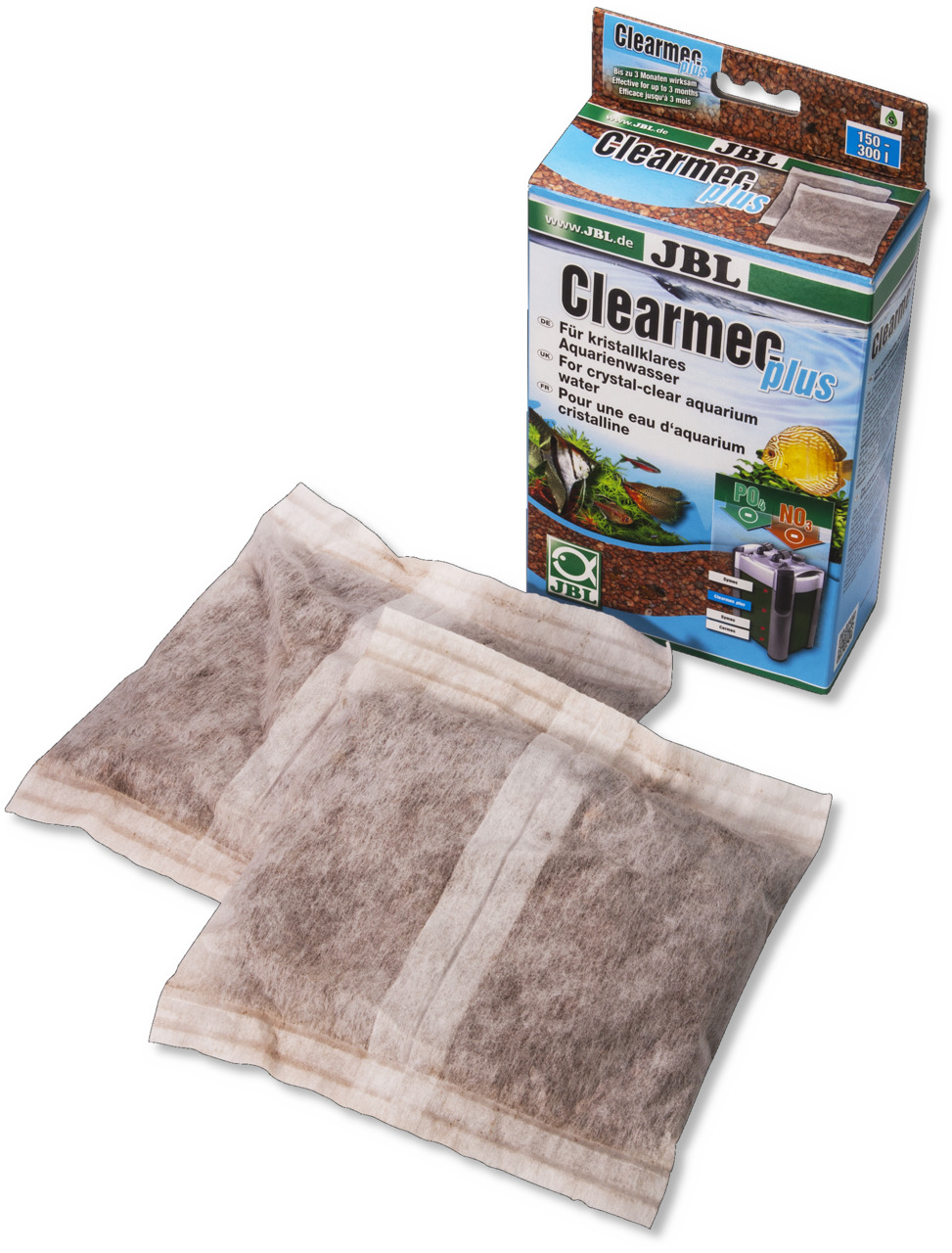 JBL Clearmec plus, Wasseraufbereitungsmittel f. Aquarien, kristallklares Wasser, reduziert PO4-NO3, 2 Filterbeutel f. 150–300 L.