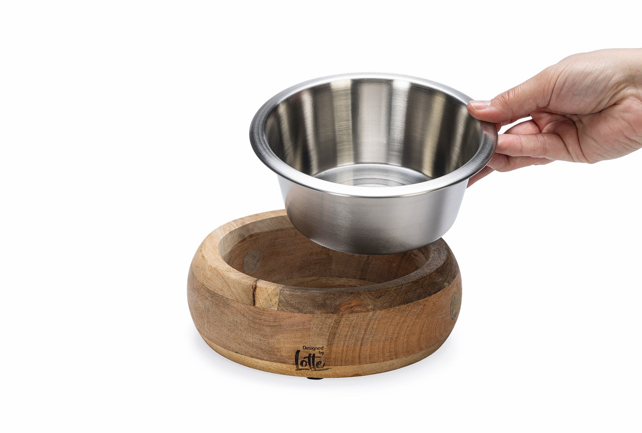 Futternapf "Designed by Lotte" für Hunde & Katzen, mit Edelstahlschale & Holzsockel, stilvoll & praktisch für Futter-Wasser.