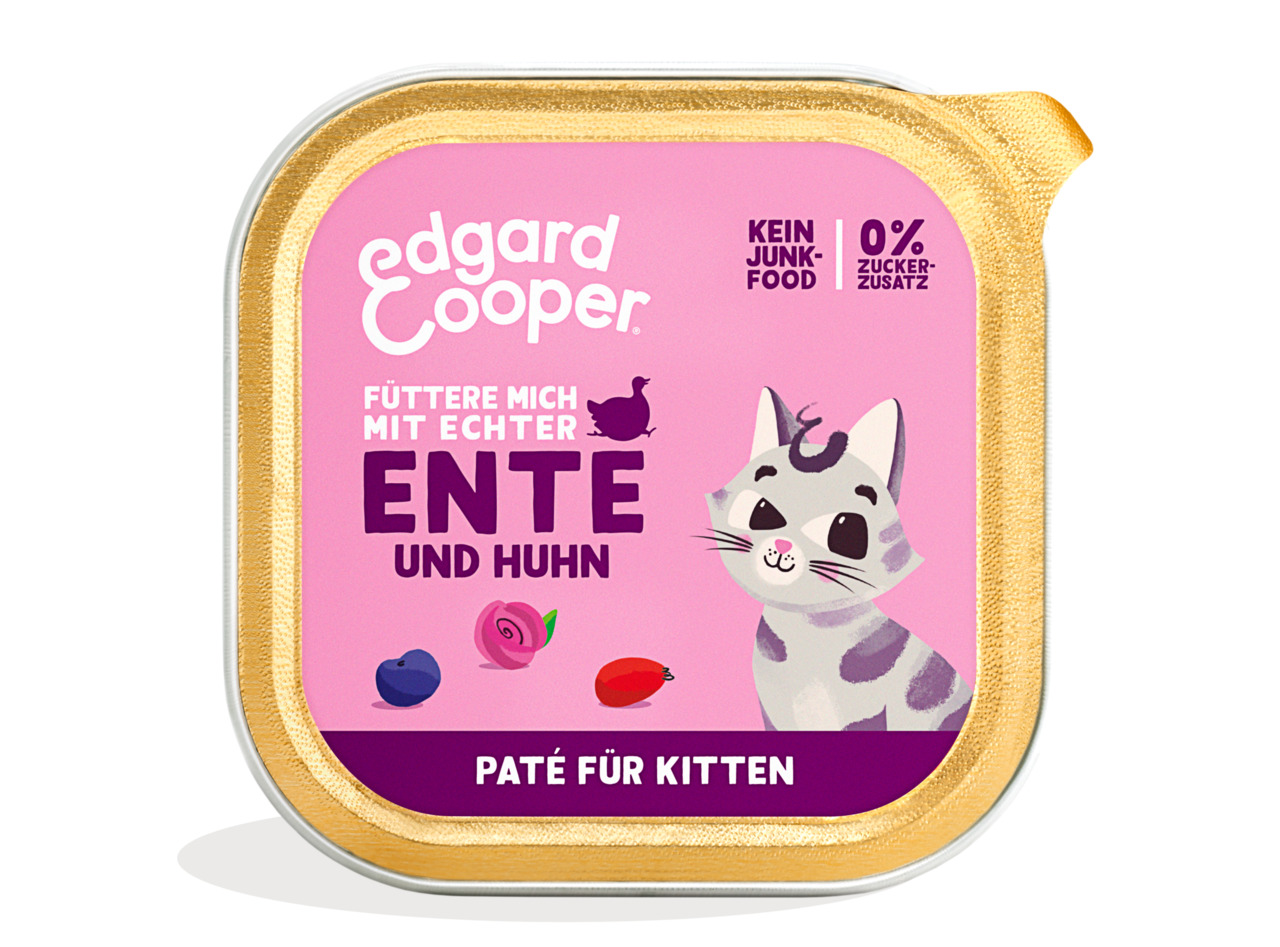 Edgard & Cooper Paté für Kitten, Ente & Huhn, für junge Katzen, „Kein Junk-Food“, „0 % Zuckerzusatz“, quadratische Dose.