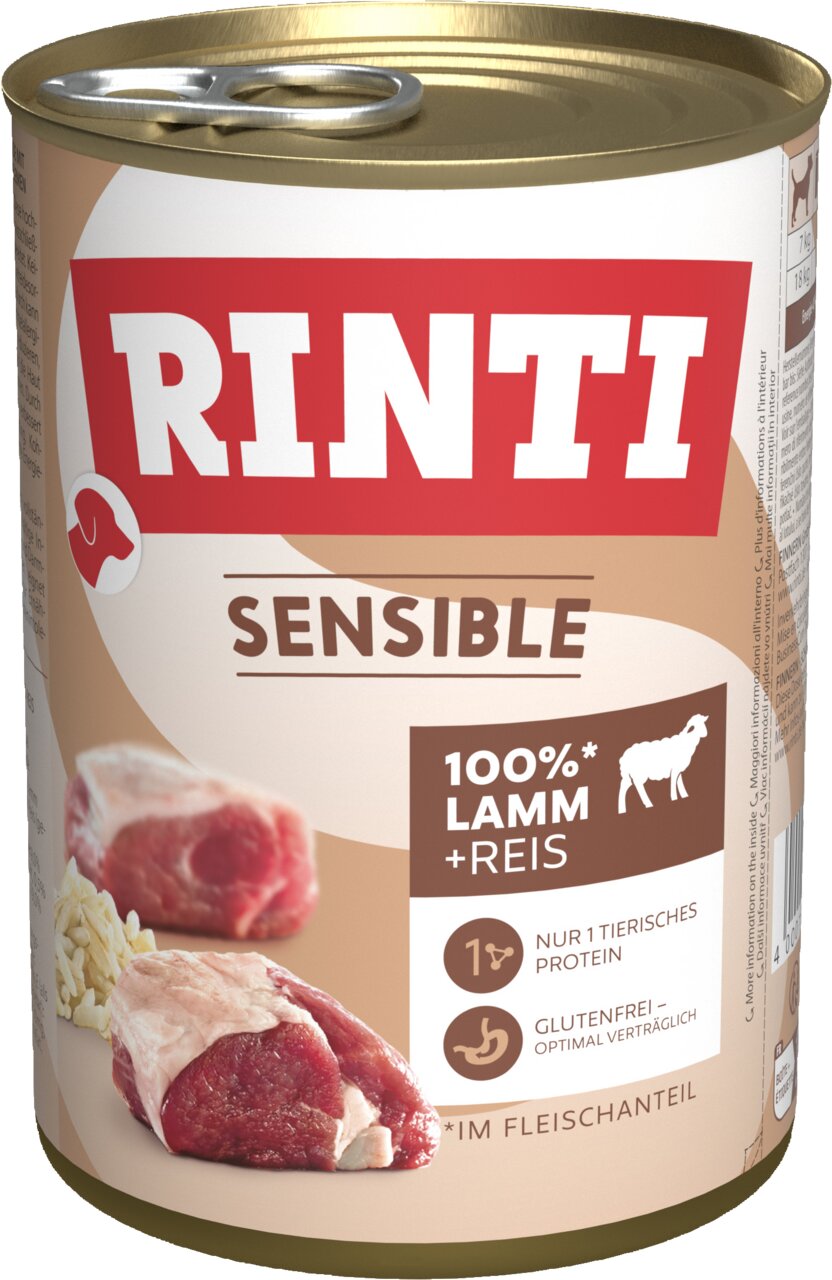 RINTI Sensible Hundefutter mit Lamm und Reis, für sensible Hunde, 400g, glutenfrei, 100 % Lamm als einzige Proteinquelle.