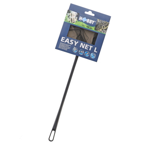 Ein schwarzer Kescher der Marke HOBBY, Modell "Easy Net L", speziell für Aquarien. Der Kescher ist für die sichere Handhabung von Fischen und anderen Wasserbewohnern konzipiert. Die Verpackung zeigt das Produkt und hebt die einfache Handhabung hervor. Län