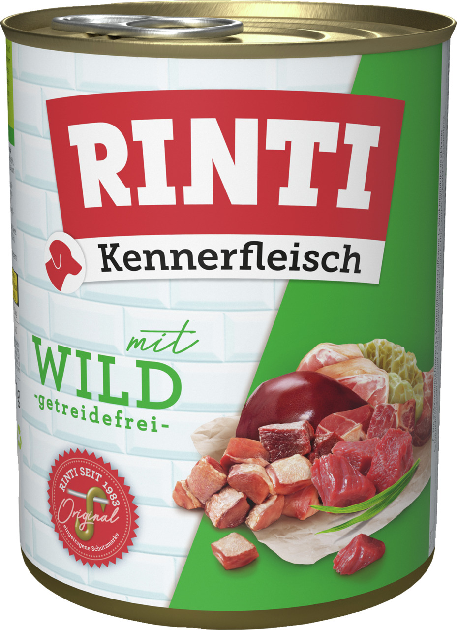 RINTI Kennerfleisch mit Wild, 800 g, für Hunde, getreidefrei, Wildfleisch, mit Fleischstücken & Innereien.