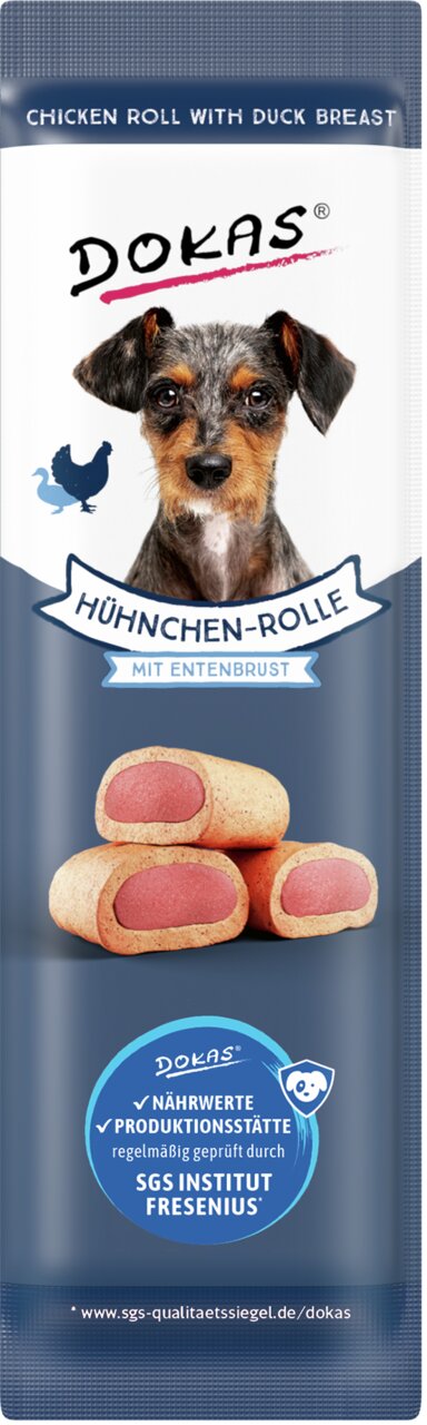 DOKAS Hähnchen-Rolle mit Entenbrust, 70g, für Hunde, hochwertige Snacks, nährwertgeprüft durch SGS Institut Fresenius.