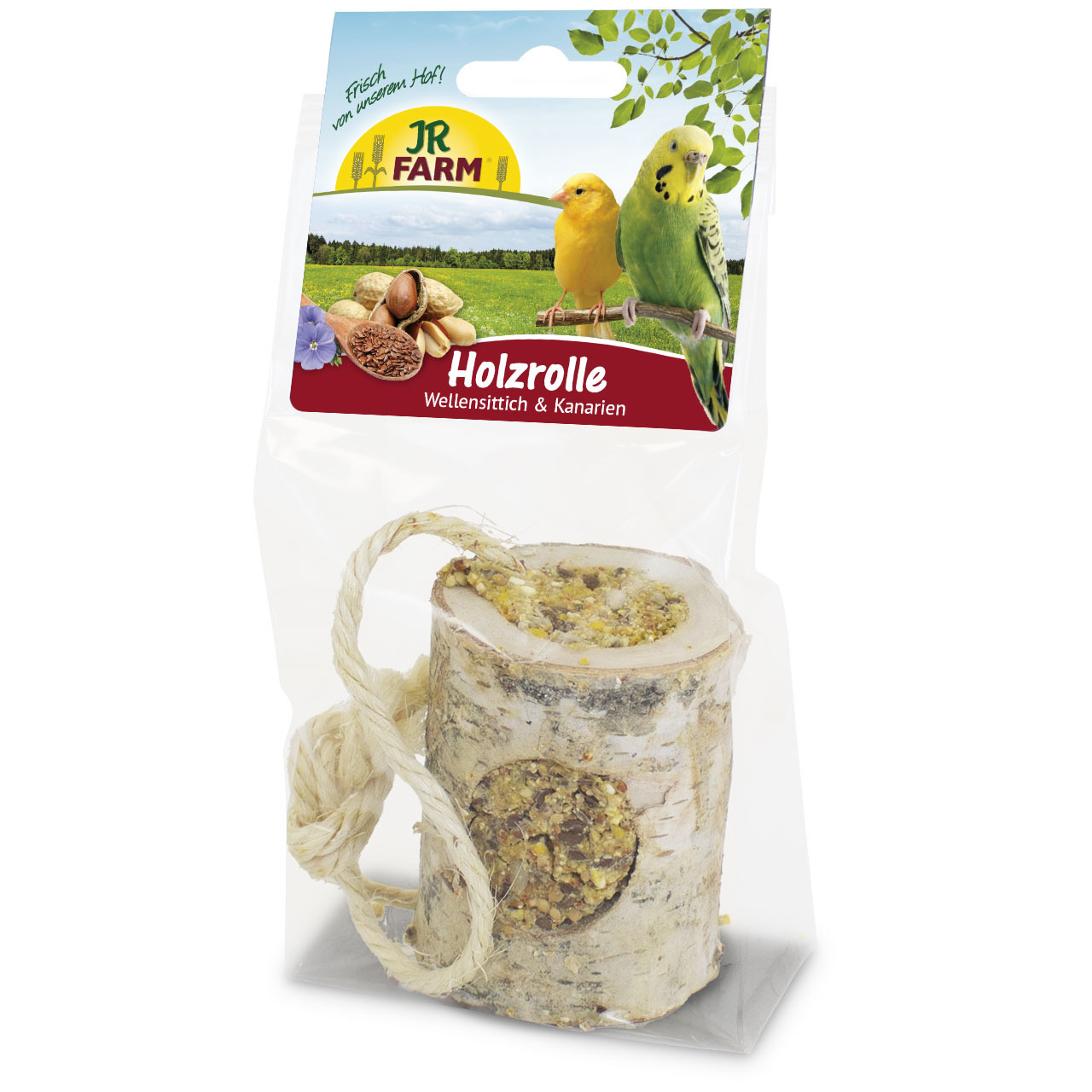 JR FARM Holzrolle, Naturprodukt für Wellensittiche & Kanarienvögel, gefüllt mit Saaten & Körnern, Beschäftigung & Futter, transparent verpackt.