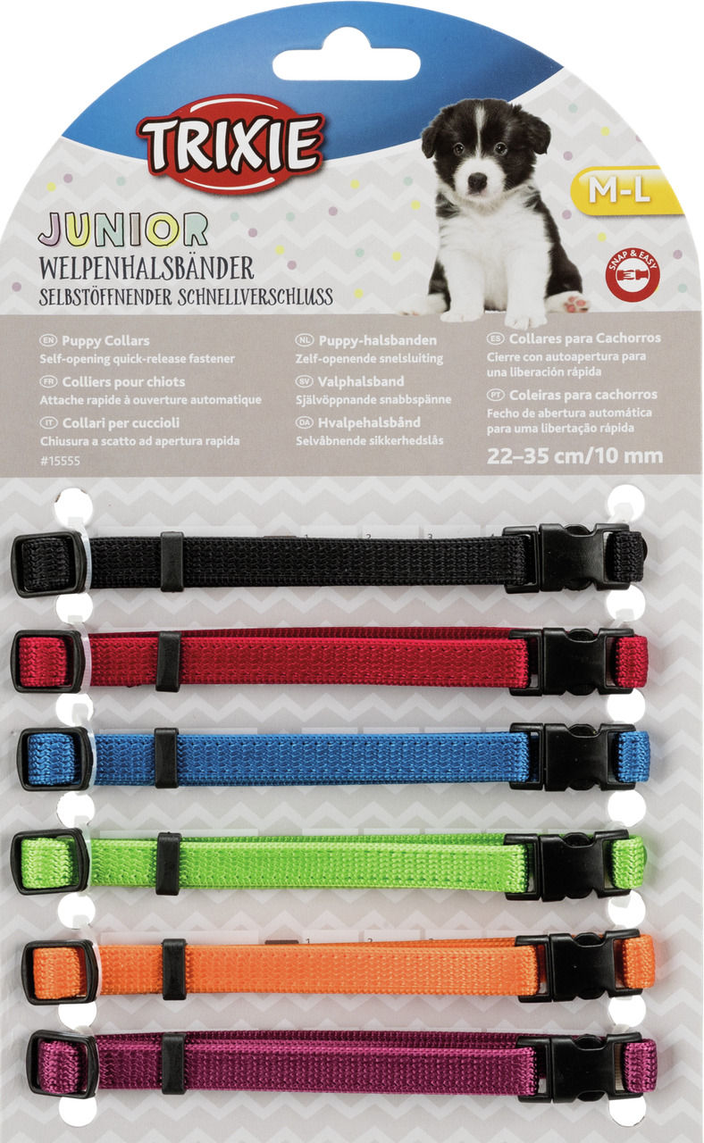 TRIXIE Junior Welpenhalsbänder, 6 Stk., M-L (22-35 cm, 10 mm), Farben: Schwarz, Rot, Blau, Grün, Orange, Lila, mit Schnellverschluss.