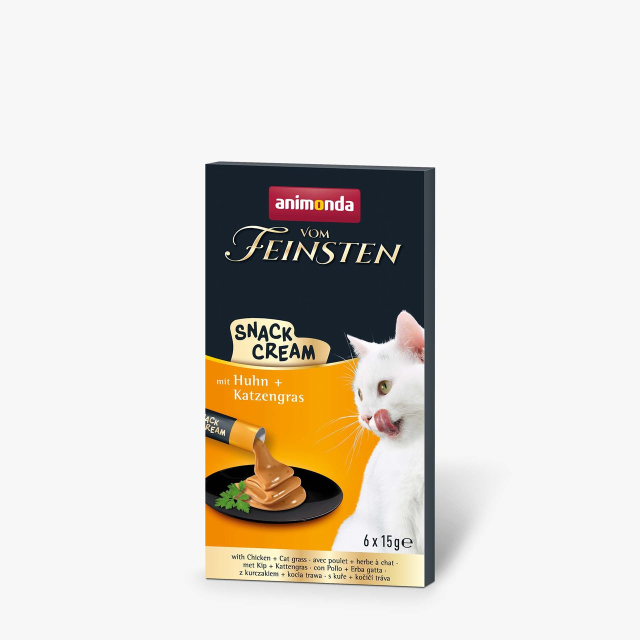 animonda vom Feinsten Snack Cream für Katzen, Huhn mit Katzengras, 6x15g, cremiger Snack – Genuss für Ihre Katze.