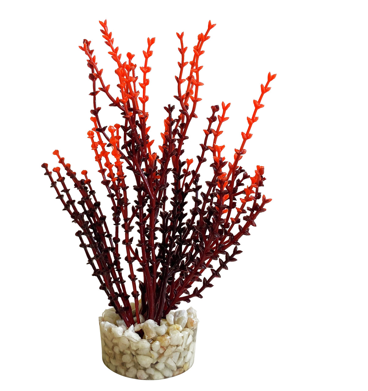Künstliche Aquariumpflanze der Marke Sydeco, Modell mit der EAN 3502733802786. Geeignet für Aquarienliebhaber, um eine natürliche Optik zu schaffen. Die Pflanze hat rote und orangefarbene Zweige und ist in einem mit Kieselsteinen gefüllten Sockel befestig