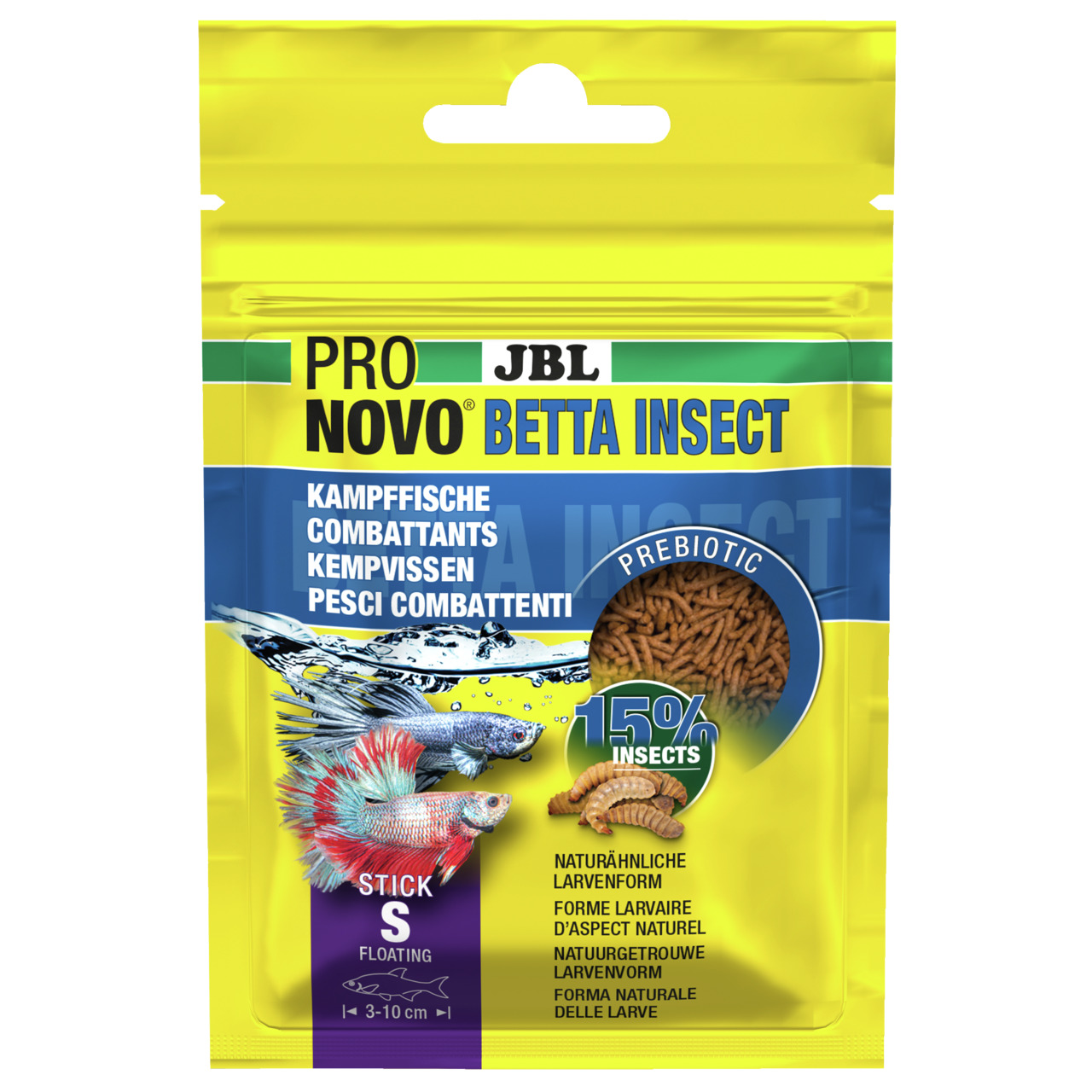 JBL ProNovo Betta Insect, Fischfutter für Kampffische (3-10 cm), 15 % Insekten, präbiotisch, schwimmende Sticks, Größe S.
