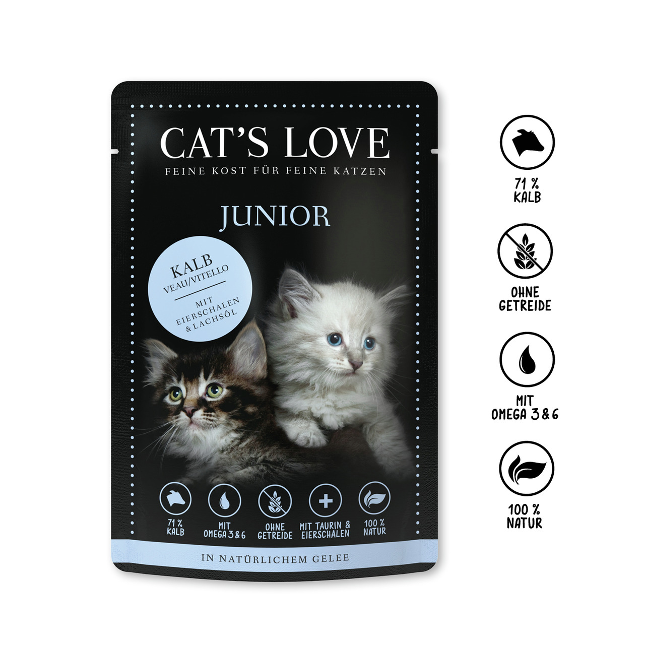 Sparpaket 12 x 85 g Cat's Love Junior Kalb pur mit Eierschalen & Lachsöl Katzen Nassfutter