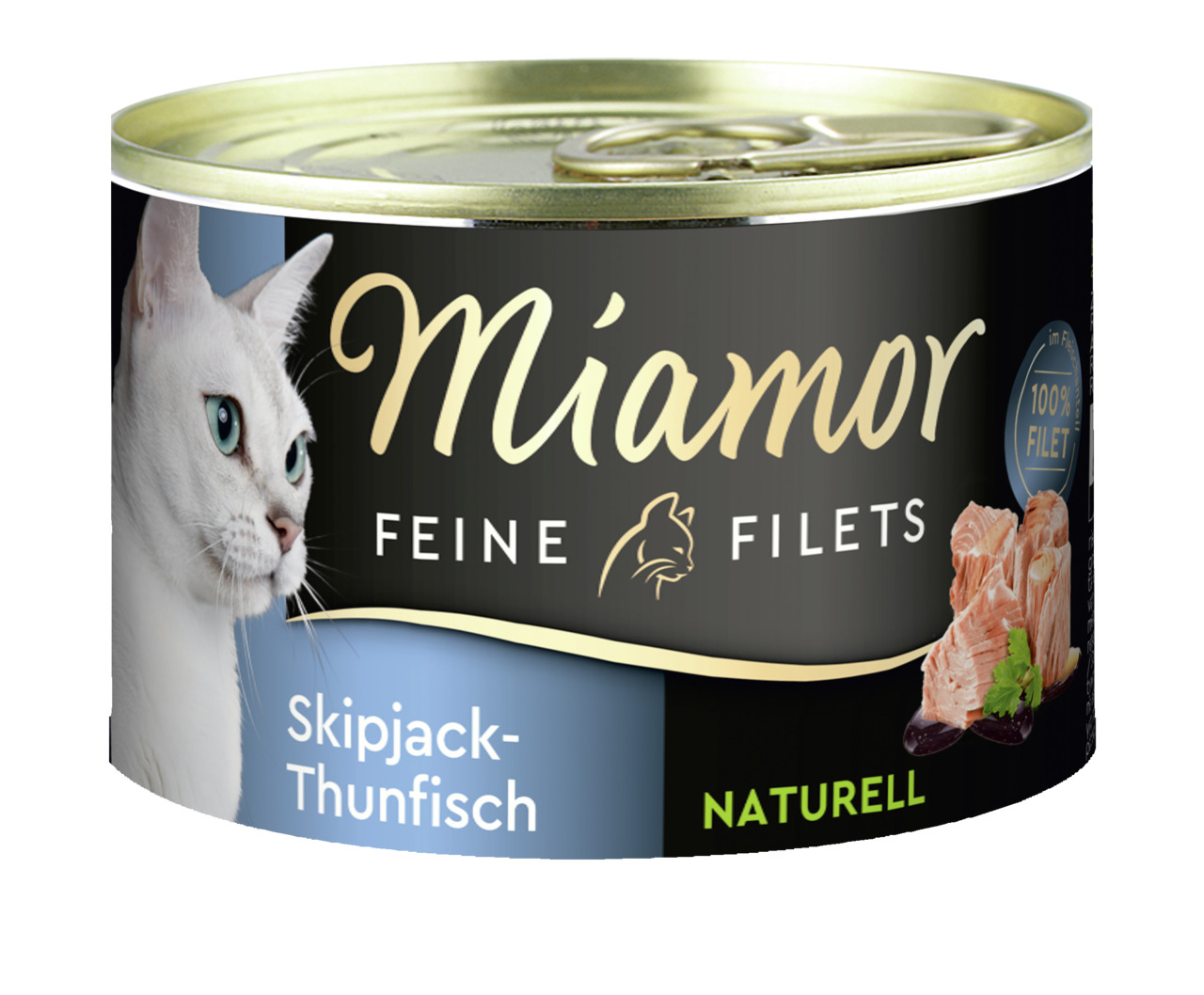 Miamor Feine Filets Katzenfutter, Skipjack-Thunfisch Naturell, 100 % Filet, für Katzen, 1 Dose mit weißem Katzenkopf, 125 g.