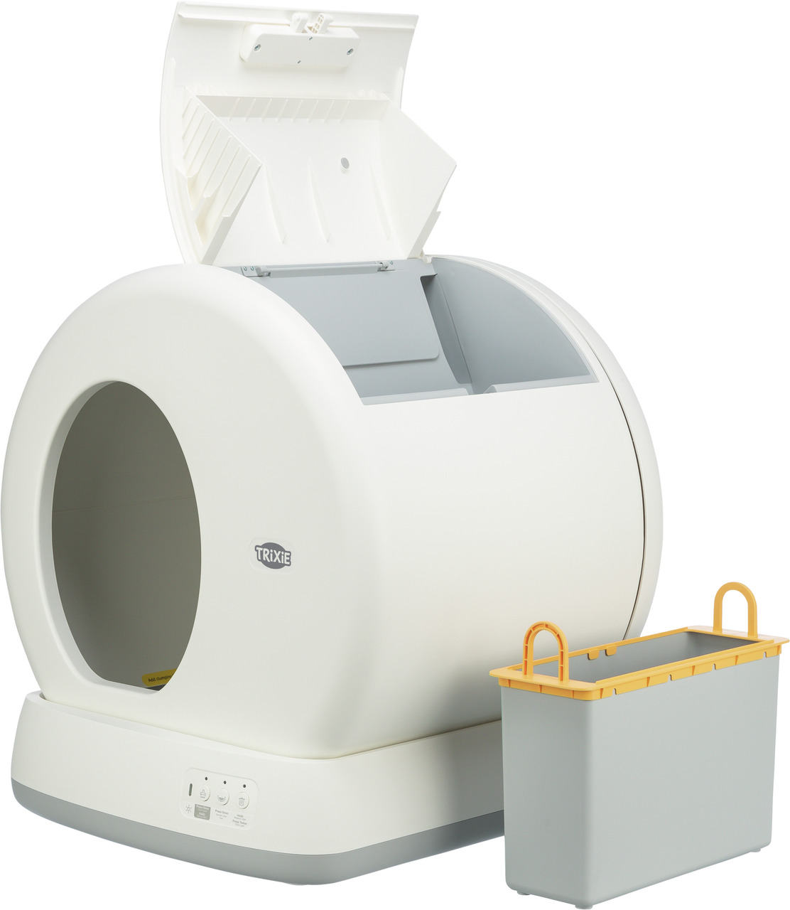 Das Bild zeigt die TRIXIE Selbstreinigende Katzentoilette, ein innovatives Produkt für Katzenbesitzer. Die Zielgruppe sind Katzenhalter, die Wert auf Hygiene und Komfort legen. Die Katzentoilette ist in Weiß mit grauen Akzenten gestaltet und verfügt über 