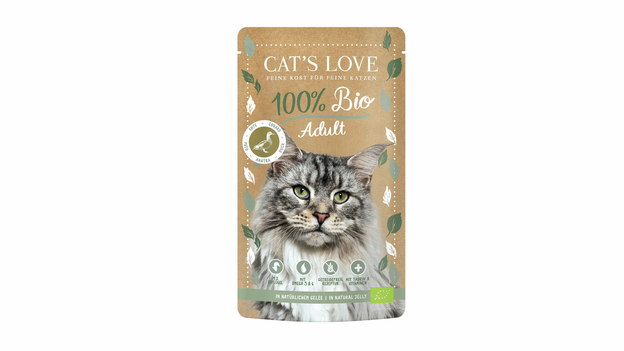 Das Bild zeigt eine braune Verpackung des Katzenfutters „Cat's Love 100% Bio Adult“ für ausgewachsen